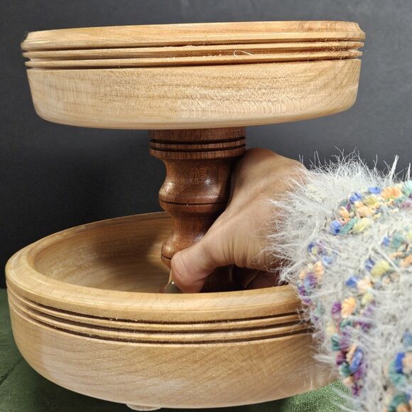 Vtg Turned Wood 2 Tier Tray Round Handmade Table Decor Serving 2 Tones Etagere - Picture 4 of 12